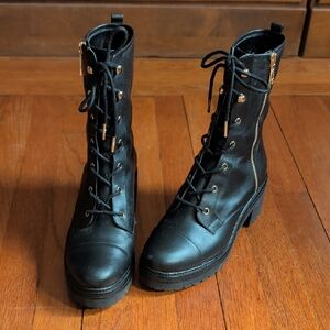 Michael Kors Black Lace-Up Platform Combat Boots with Gold Accents